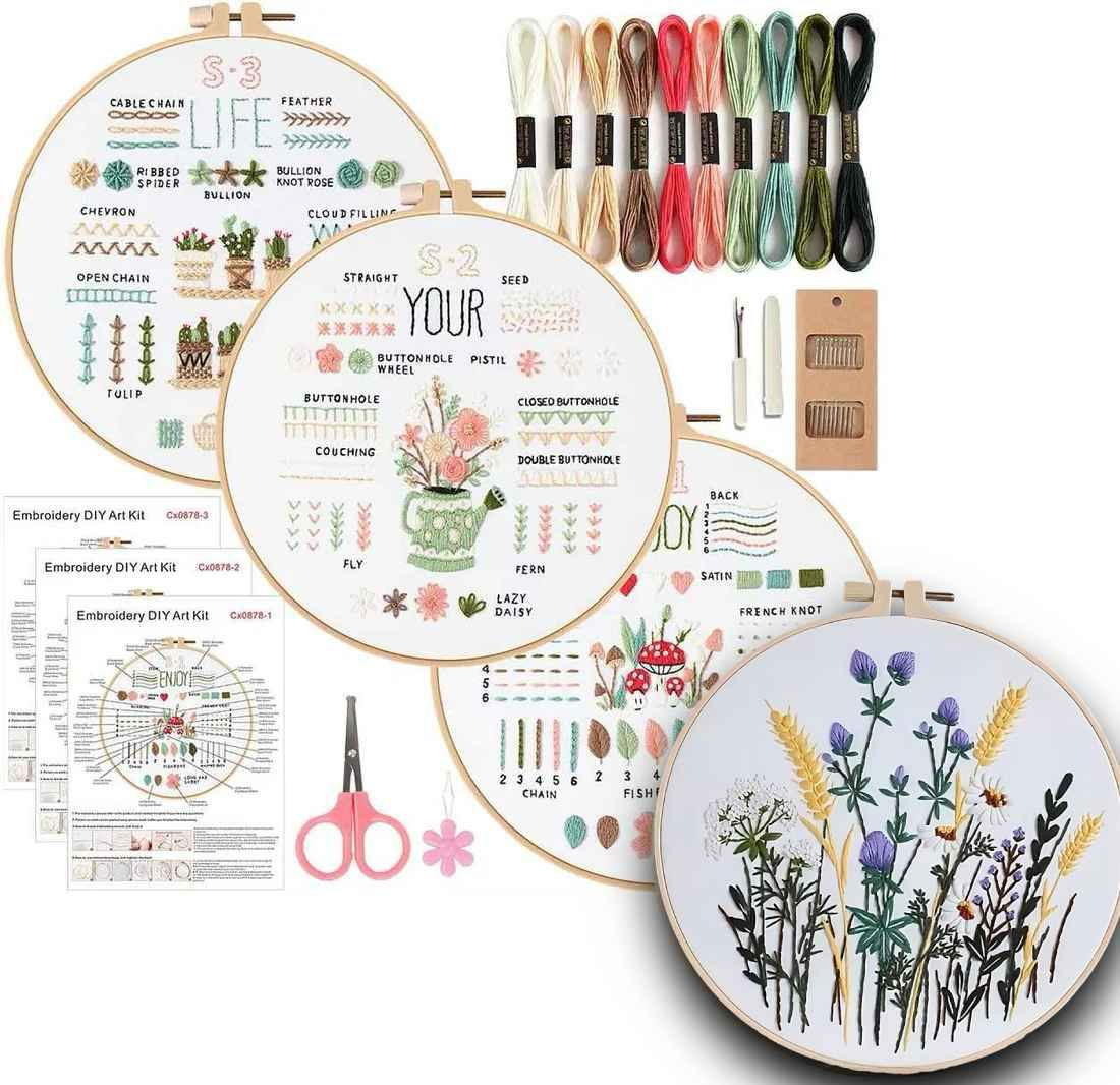 CraftHoop 4-Set Beginner Embroidery & Stamped Patterns Kit
