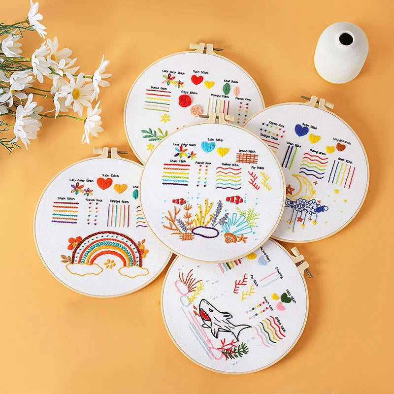 Embroidery Stitches Practice Kit with multiple hoops showcasing beginner stitch patterns.