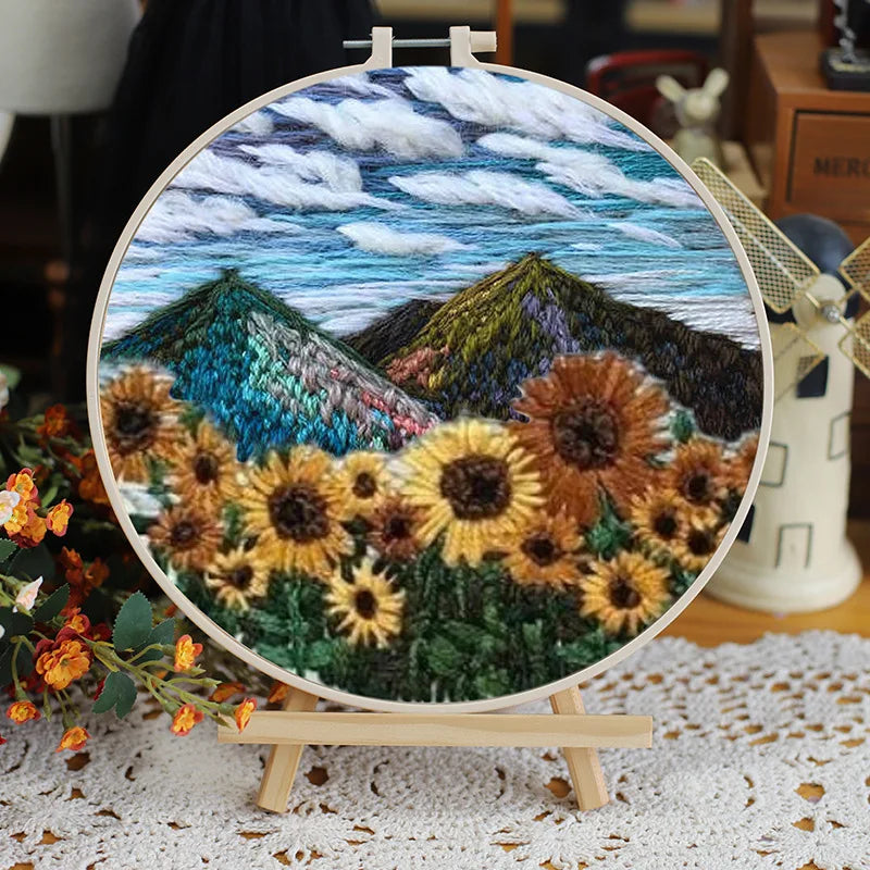 CraftHoop mountain and sunflower embroidery - Serene landscape DIY sewing project