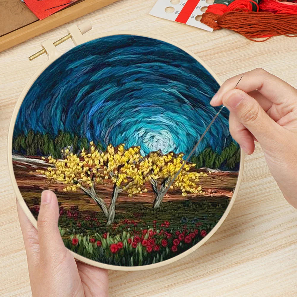 CraftHoop hands stitching starry night landscape embroidery - Creative and detailed needlework kit