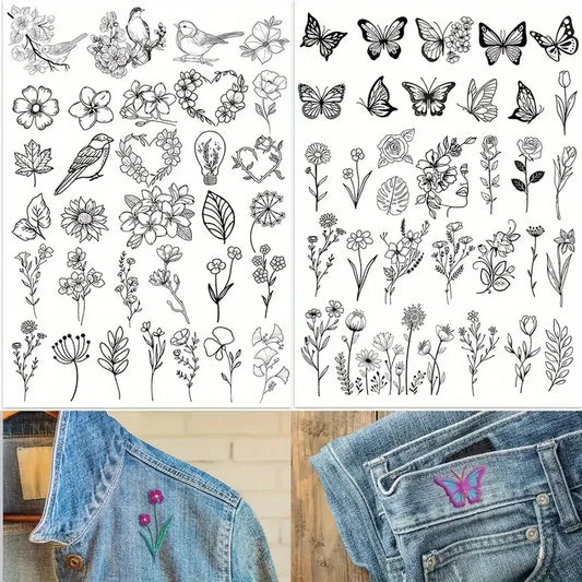 Stick & Stitch Transfers for Clothes – 2 Water-Soluble Sheets (50+ Pieces)