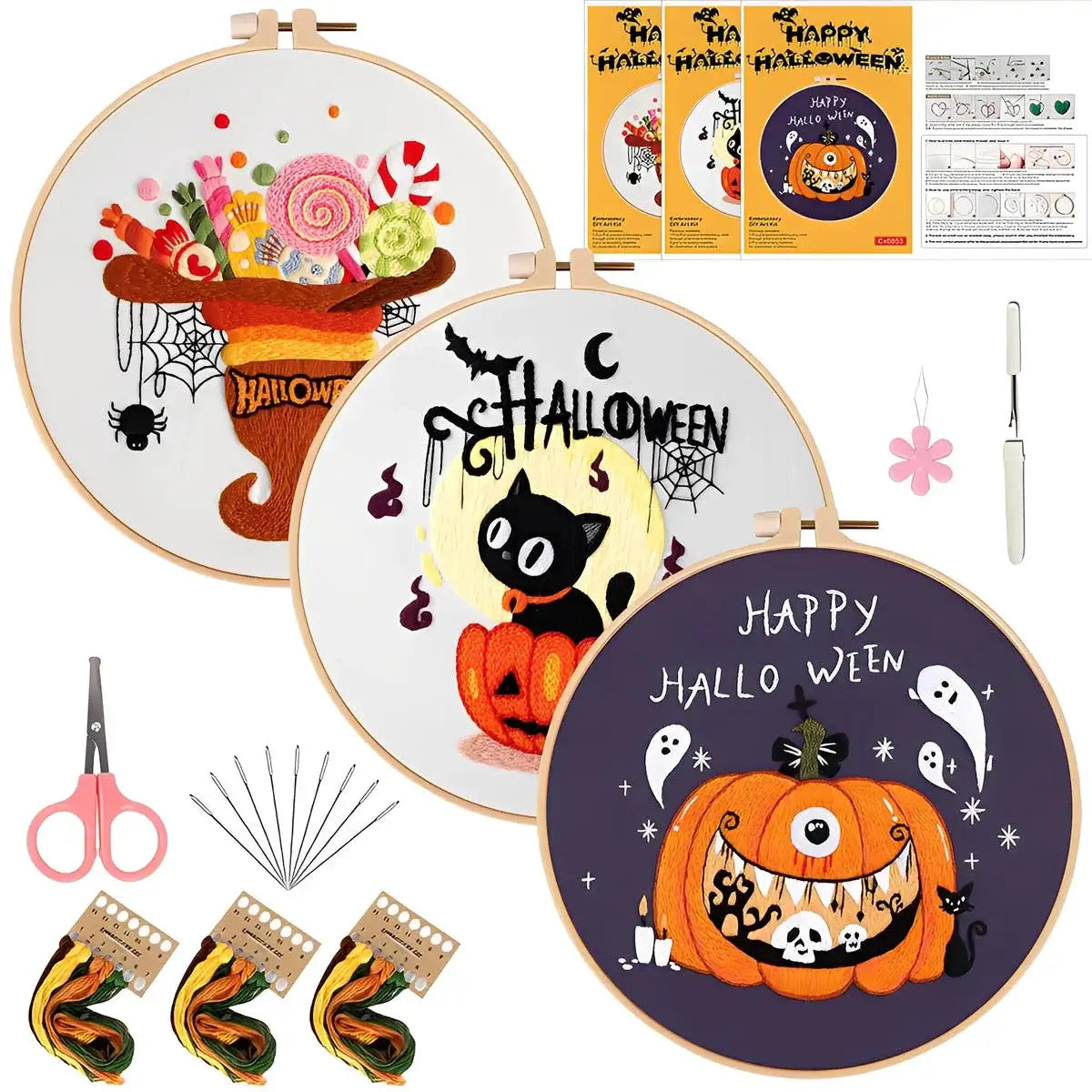 CraftHoop 3-Piece Trick-or-Treat Embroidery Kits (Variety Sets) with Halloween designs, scissors, embroidery floss, and tools.