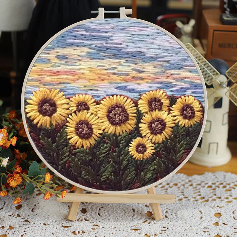 CraftHoop sunflower field and mountains embroidery - Bright and cheerful DIY embroidery project