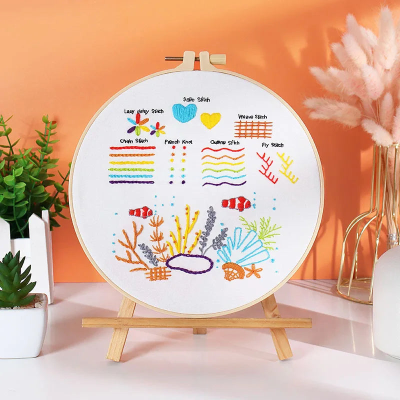 Single hoop from the Embroidery Stitches Practice Kit with detailed stitch instructions for beginners.
