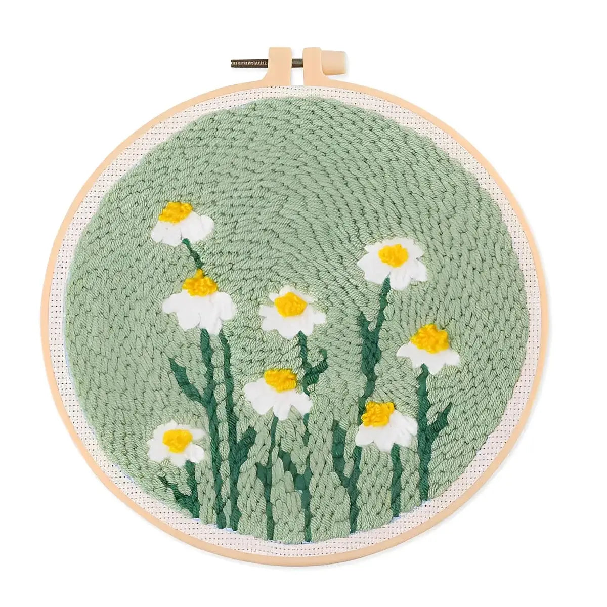 CraftHoop Garden Glow Punch Needle Kit featuring cheerful flowers in a round hoop, ideal for home decor.
