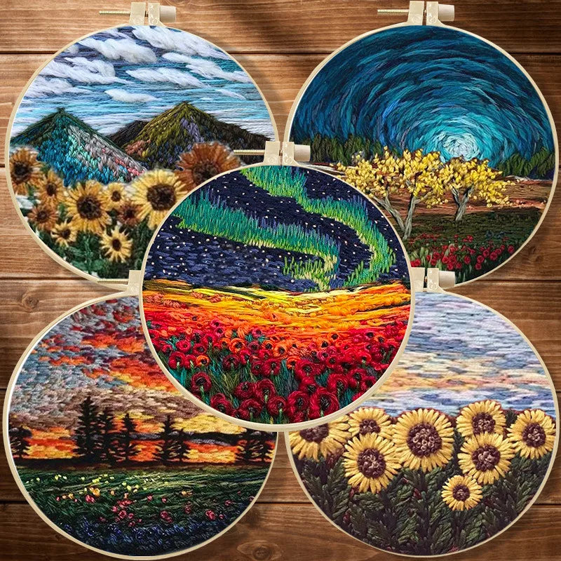 CraftHoop starry night sky and mountains embroidery set - Captivating and artistic DIY sewing project