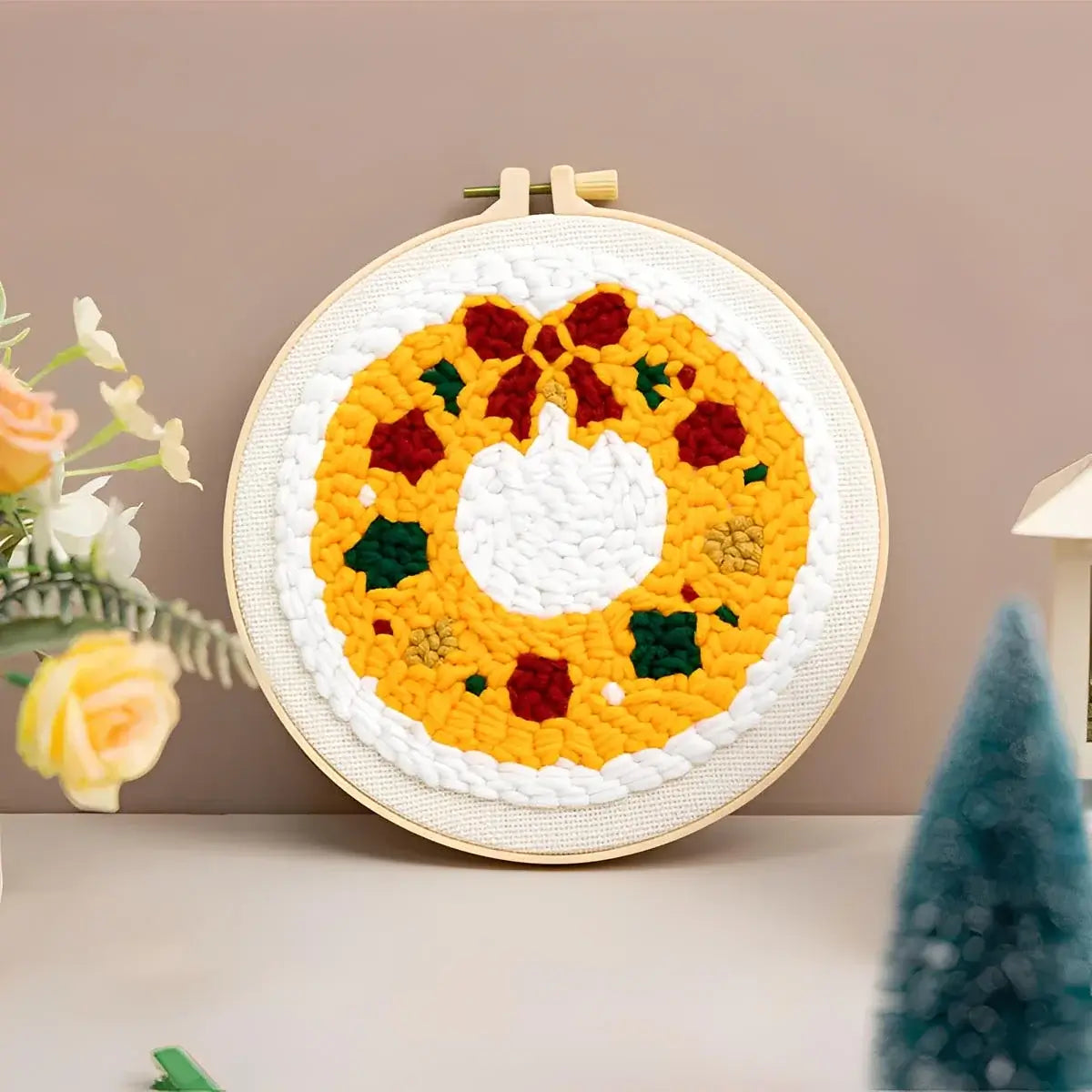 CraftHoop Christmas Cheer Punch Needle Kit festive holiday wreath design with vibrant colors and textures.