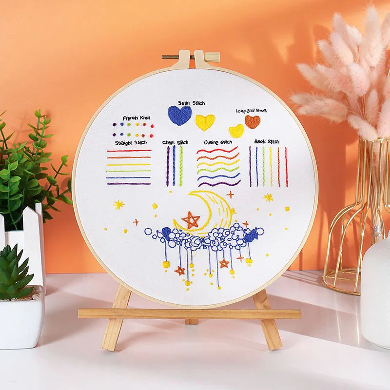 Beginner Cross Stitch Kit with multiple embroidery patterns displayed on hoops.