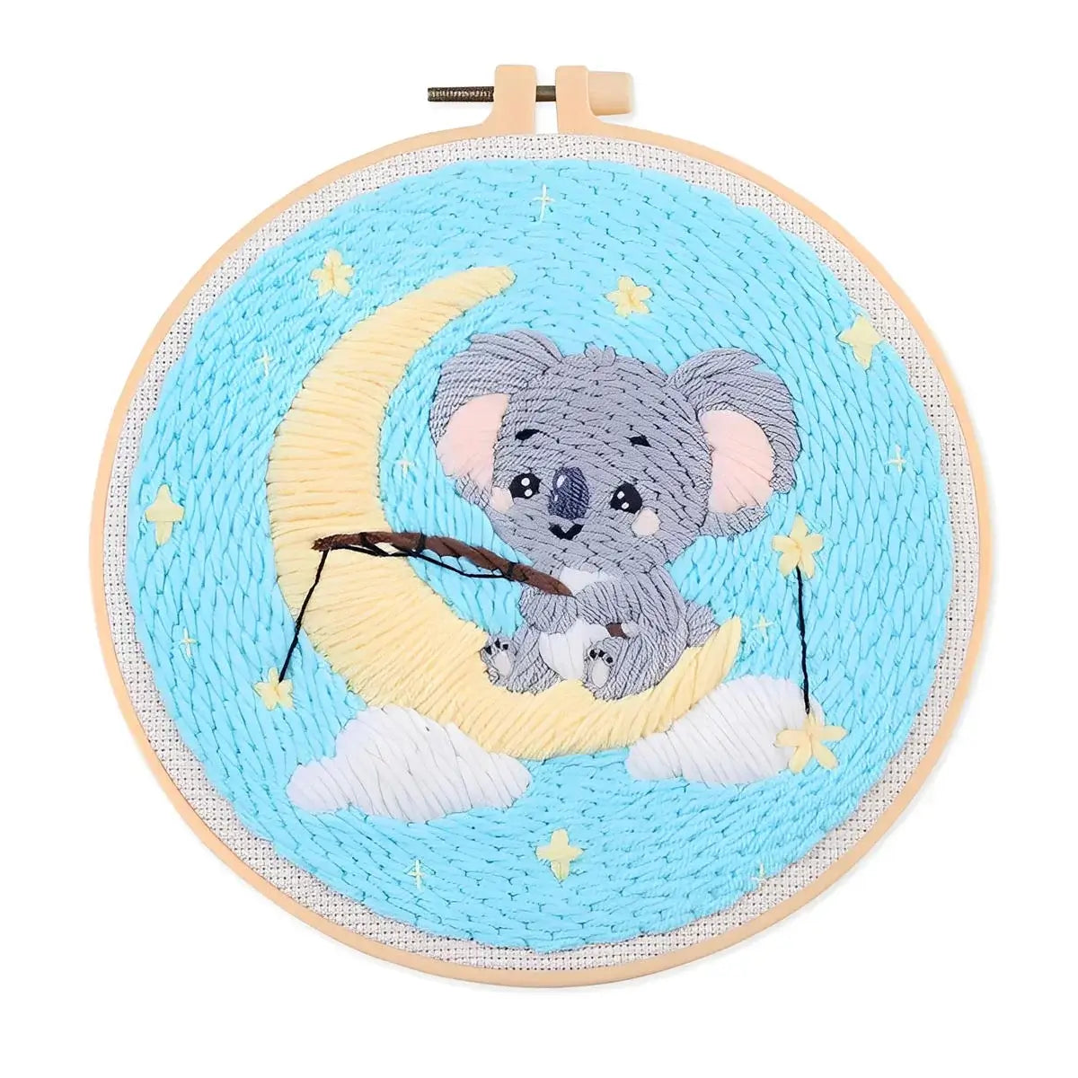 CraftHoop Cozy Koalas Punch Needle Kit featuring a koala on a moon with stars, perfect for embroidery enthusiasts.