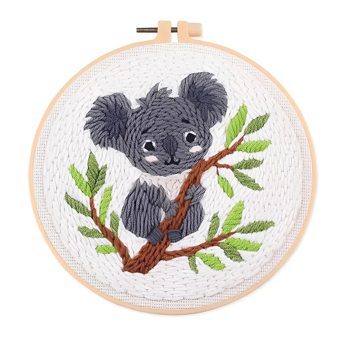 CraftHoop Cozy Koalas Punch Needle Kit featuring a textured koala design on pre-printed fabric.