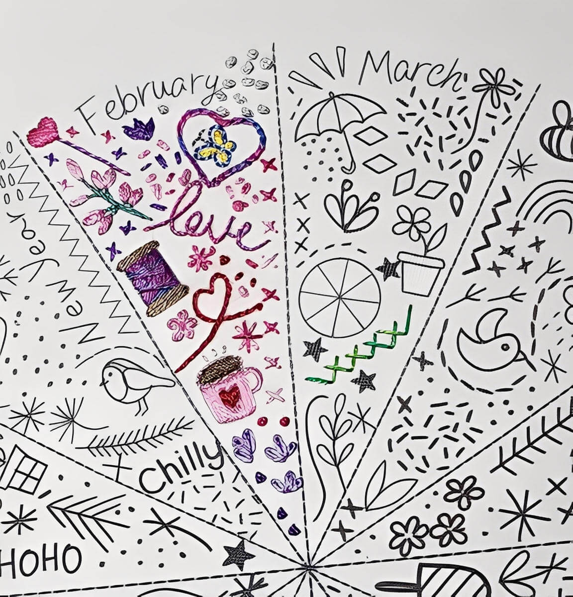 CraftHoop Advent of 12 Seasons Embroidery Kit showing February and March designs with colorful doodles.