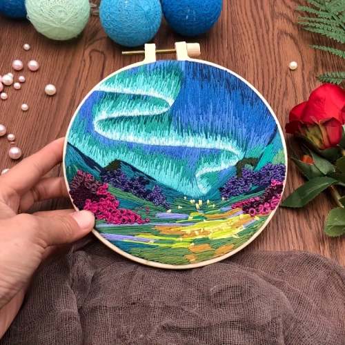 CraftHoop river and aurora borealis embroidery in progress - Beautiful DIY project for all skill levels