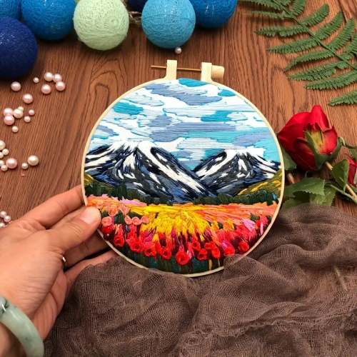 CraftHoop snowy mountain landscape embroidery - Ideal for creating a peaceful and relaxing DIY scene