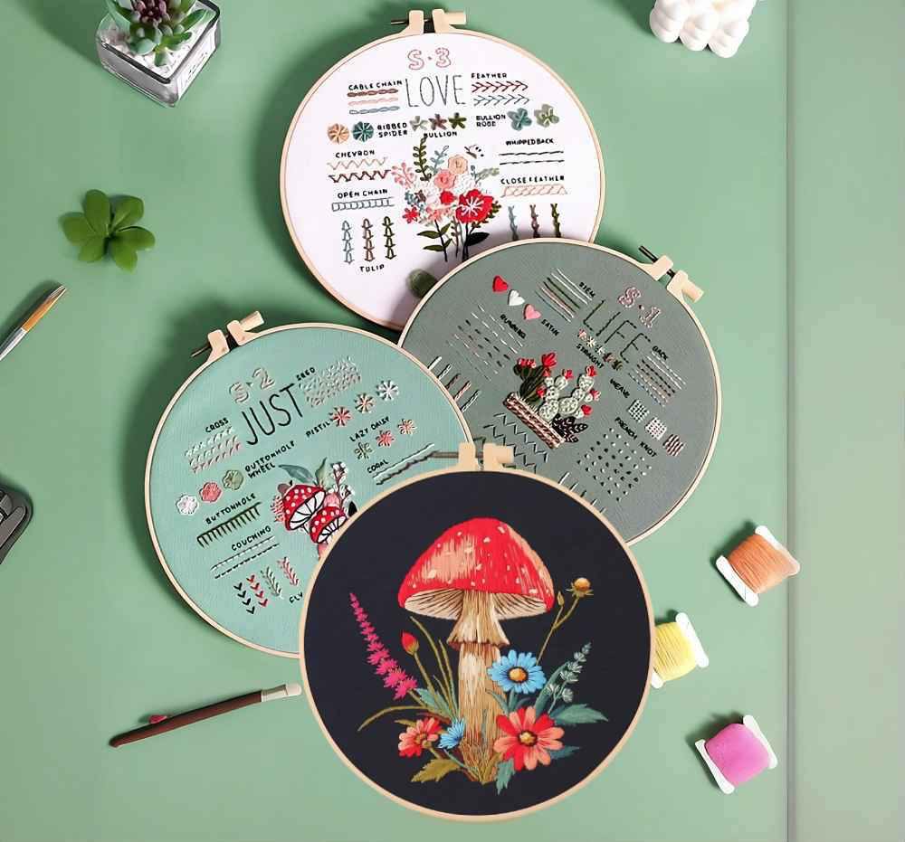 CraftHoop 4-Piece Beginner Embroidery Kit with Mushroom Patterns