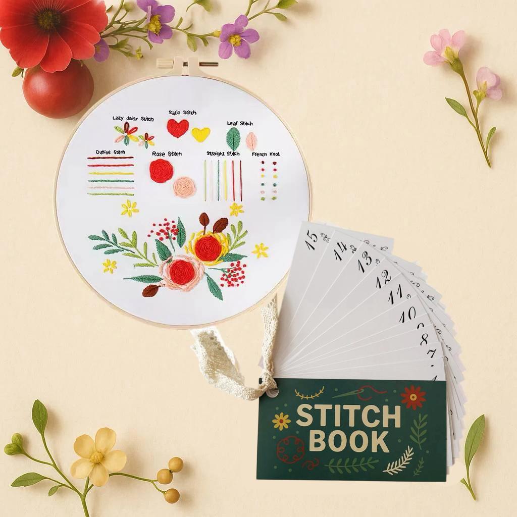 CraftHoop Japanese-Inspired Stitch Book & Learning Practice Set with floral embroidery sample and stitch booklet.