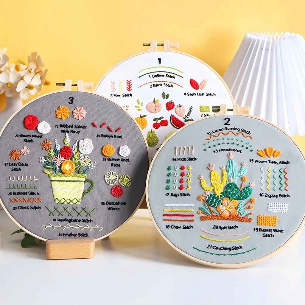 CraftHoop Fruity Florals Beginner Kit with embroidery stitches in a vibrant display on hoops.