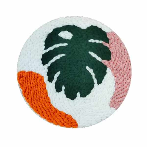 CraftHoop punch needle embroidery kit featuring a leaf and abstract design, displayed on a white surface with embroidery tools.