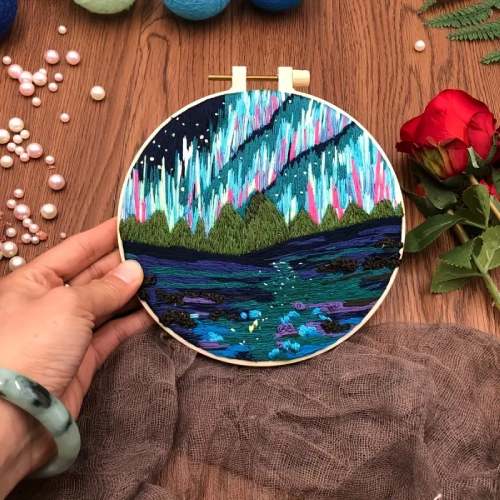 CraftHoop northern lights over mountains embroidery - Beautiful and serene DIY needlework kit