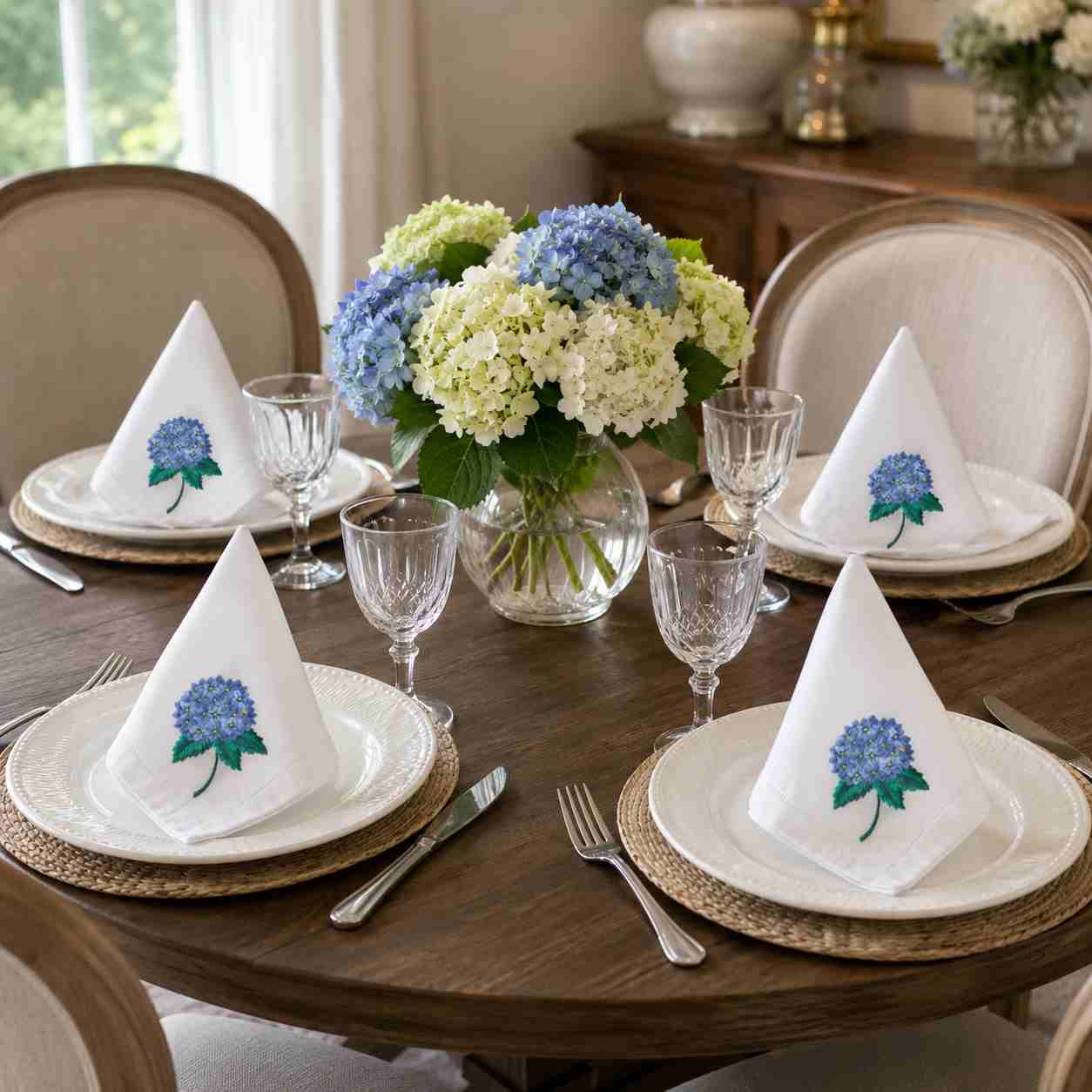 CraftHoop Hydrangea Embroidered Cloth Napkins – Set of 4