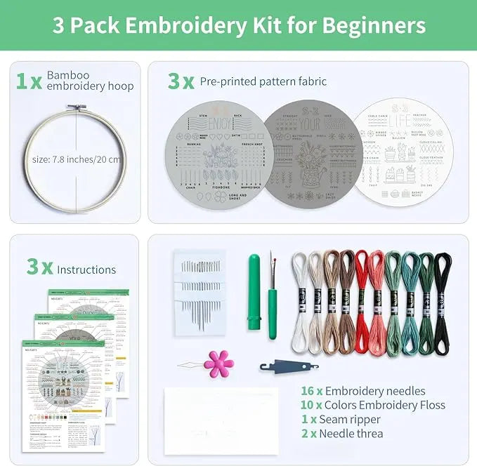 CraftHoop 3-pack embroidery kit for beginners with all materials included: 1 bamboo embroidery hoop, 3 pre-printed pattern fabrics, colored threads, needles, and scissors