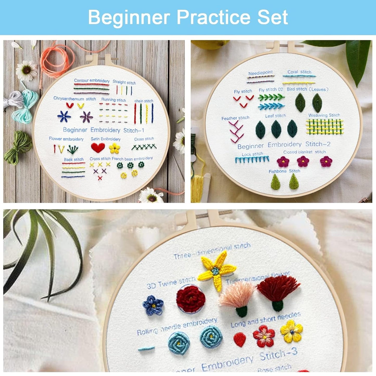 CraftHoop Kids & Adults Practice Embroidery Kit featuring three hoops with various practice stitches.