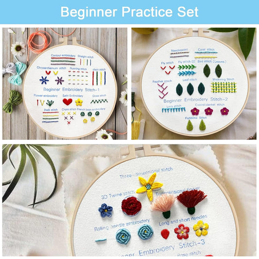 CraftHoop Kids & Adults Practice Embroidery Kit featuring three hoops with various practice stitches.