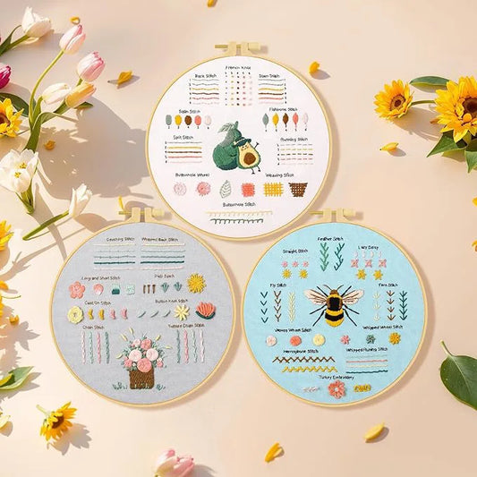 Starter pack of 3 embroidery kits from CraftHoop featuring floral, bee, and bouquet designs, perfect for beginners to practice essential stitches