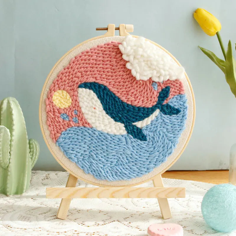 CraftHoop pink and blue whale embroidery on canvas - Fun and easy embroidery for beginners