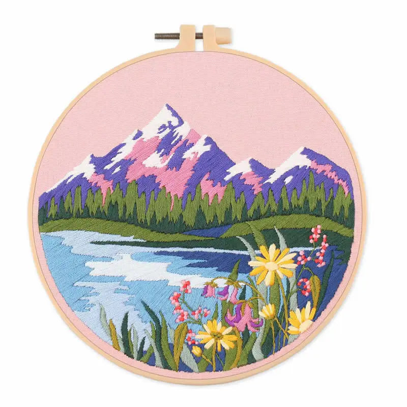 CraftHoop mountain and lake embroidery on pink fabric - Scenic and colorful needlework kit