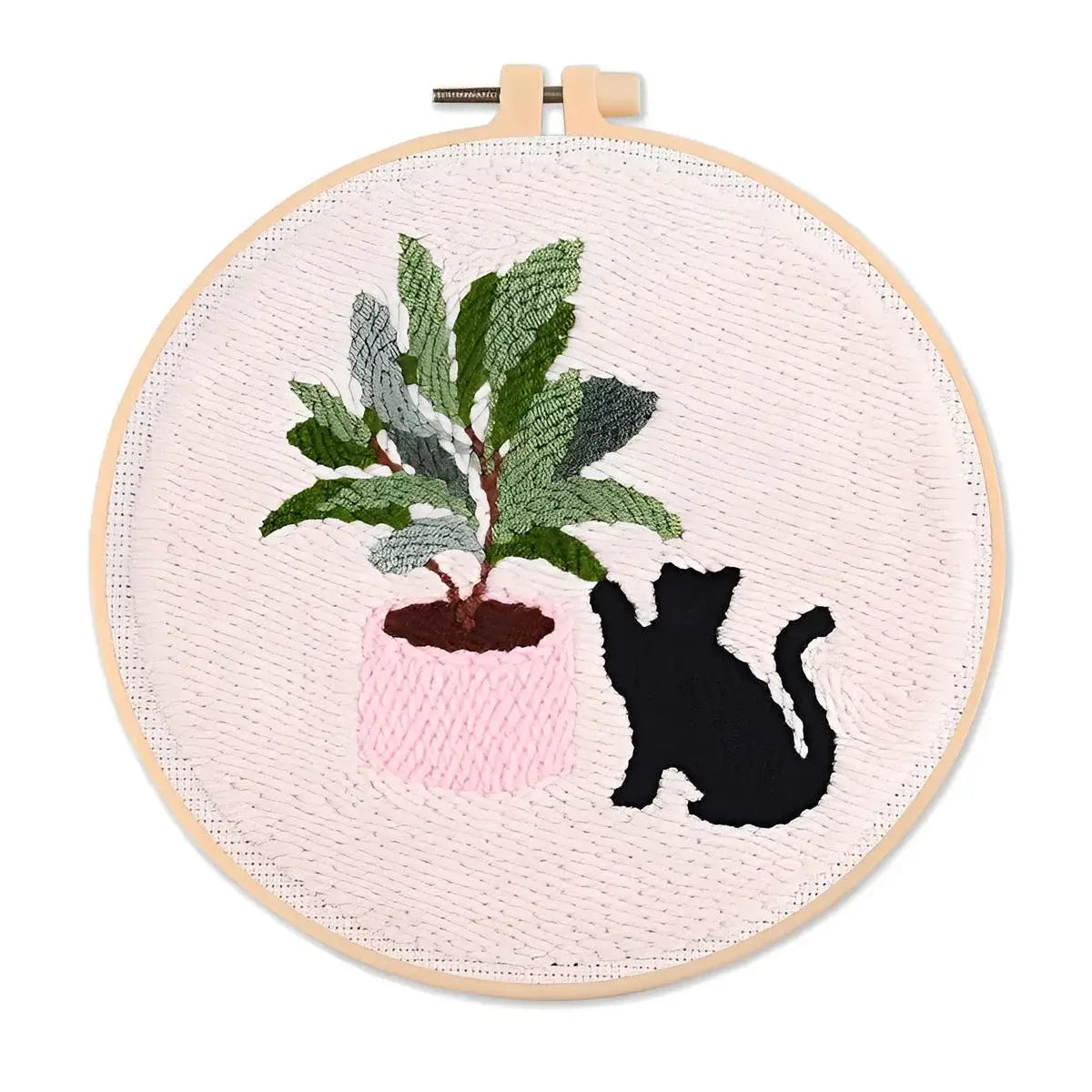 CraftHoop Cat & Plant Lovers Punch Needle Kit featuring a black cat and a potted plant in a circular embroidery hoop.