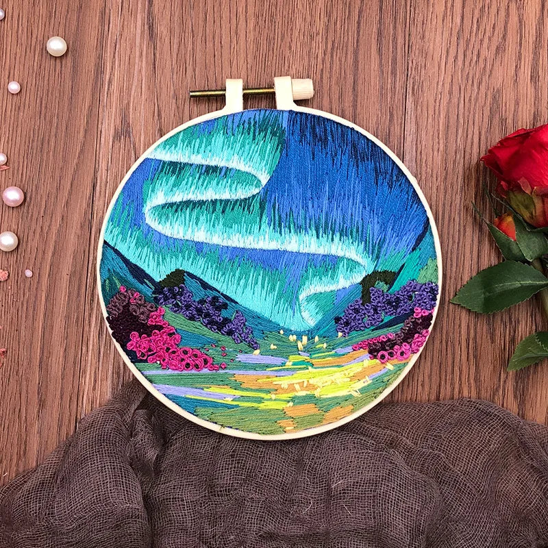 CraftHoop river and mountain landscape embroidery kit - Serene and detailed DIY sewing project