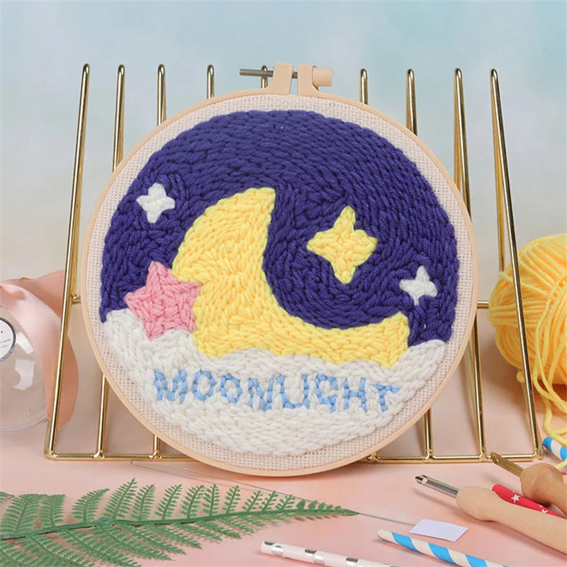 CraftHoop vibrant night sky with moon and stars embroidery - Complete beginner sewing kit