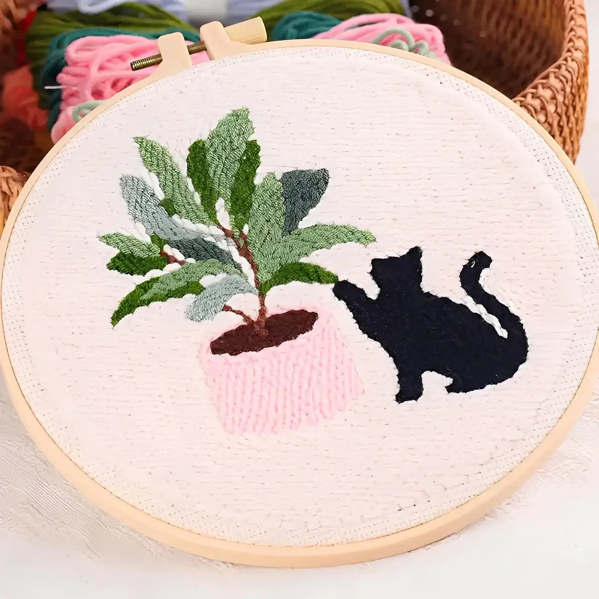 CraftHoop Cat & Plant Lovers Punch Needle Kit featuring an embroidered cat and houseplant design.