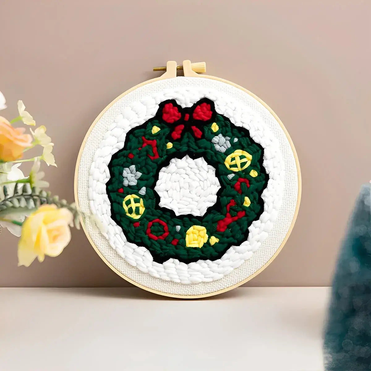 CraftHoop Christmas Cheer Punch Needle Kit decorative holiday wreath design in embroidery hoop