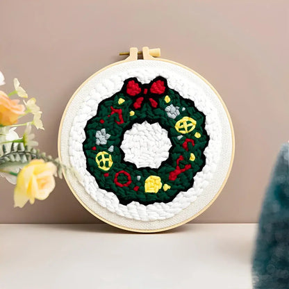 CraftHoop Christmas Cheer Punch Needle Kit decorative holiday wreath design in embroidery hoop
