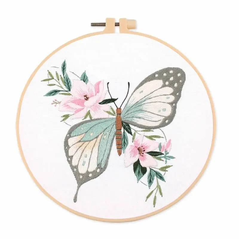 CraftHoop green and white butterfly embroidery on canvas - Beautiful DIY sewing kit