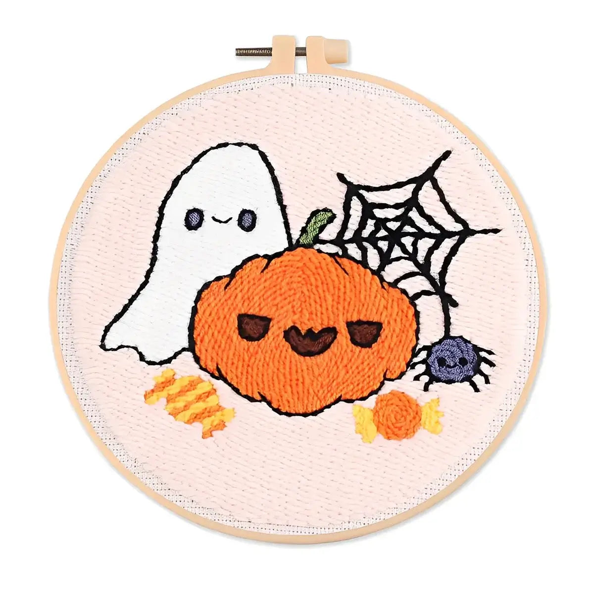 CraftHoop Pumpkin Halloween Punch Needle Kit featuring a ghost, pumpkin, spider, and candy.