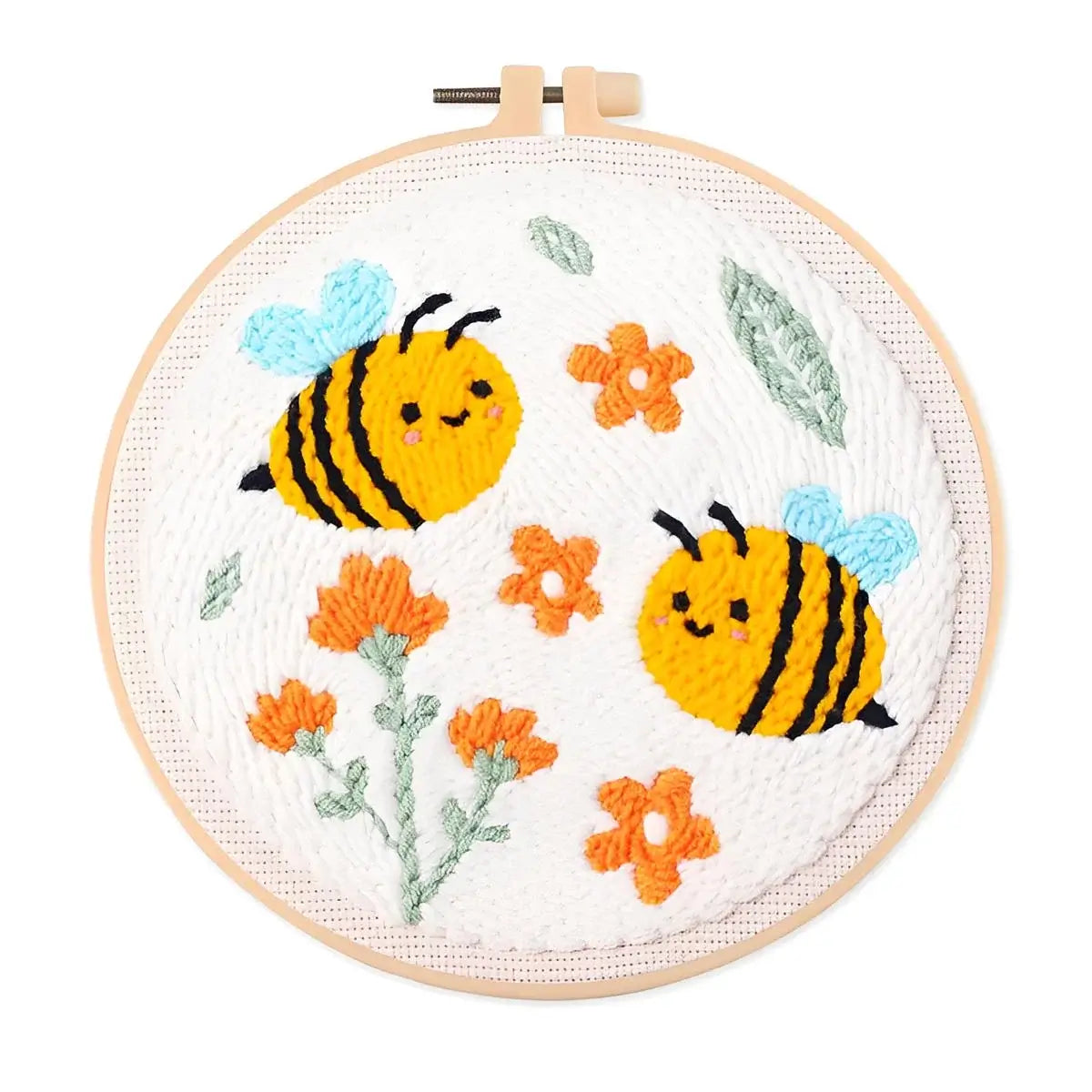 CraftHoop Buzz & Bloom Punch Needle Kit with cheerful bees and blooming flowers design in an embroidery hoop.