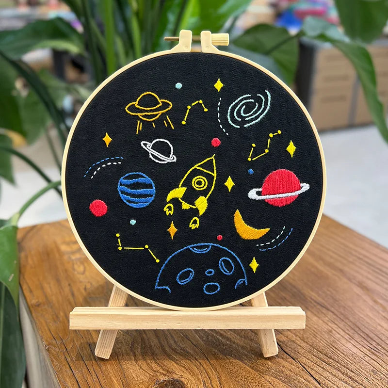 Close-up of the CraftHoop Little Astronaut Embroidery Kit showing intricate space-themed designs