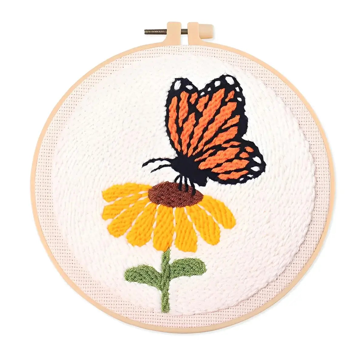 CraftHoop Buzz & Bloom Punch Needle Kit featuring a butterfly and flower design in a hoop.