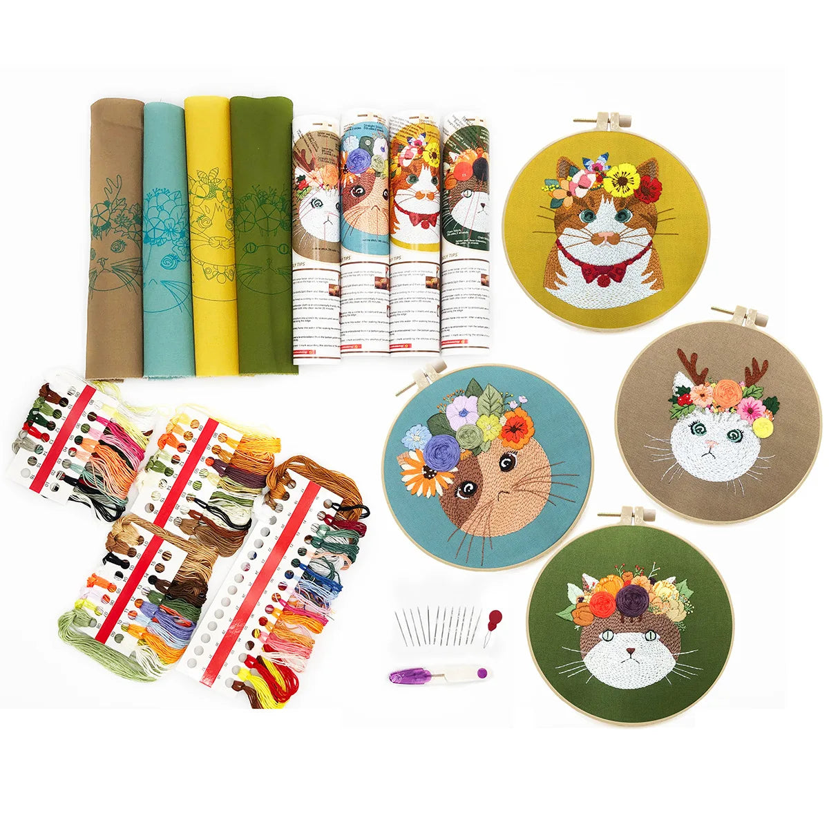 CraftHoop set of animal embroidery designs with colorful threads - Perfect for beginner and experienced crafters