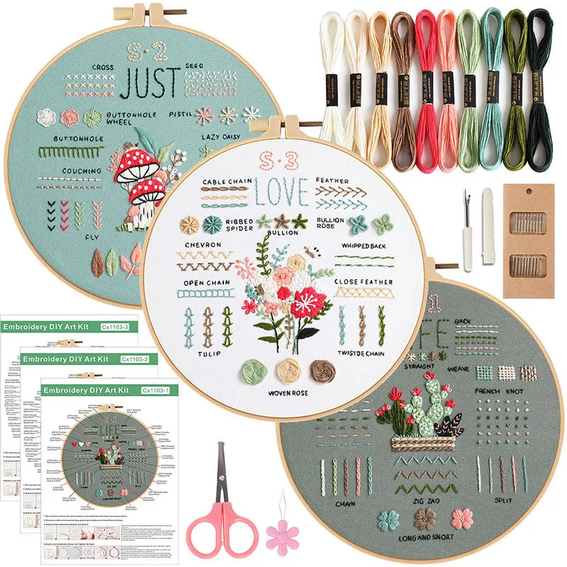 CraftHoop Beginner's 3-Piece Embroidery Kits with hoops, threads, needles, scissors, and floral patterns - perfect for learning embroidery