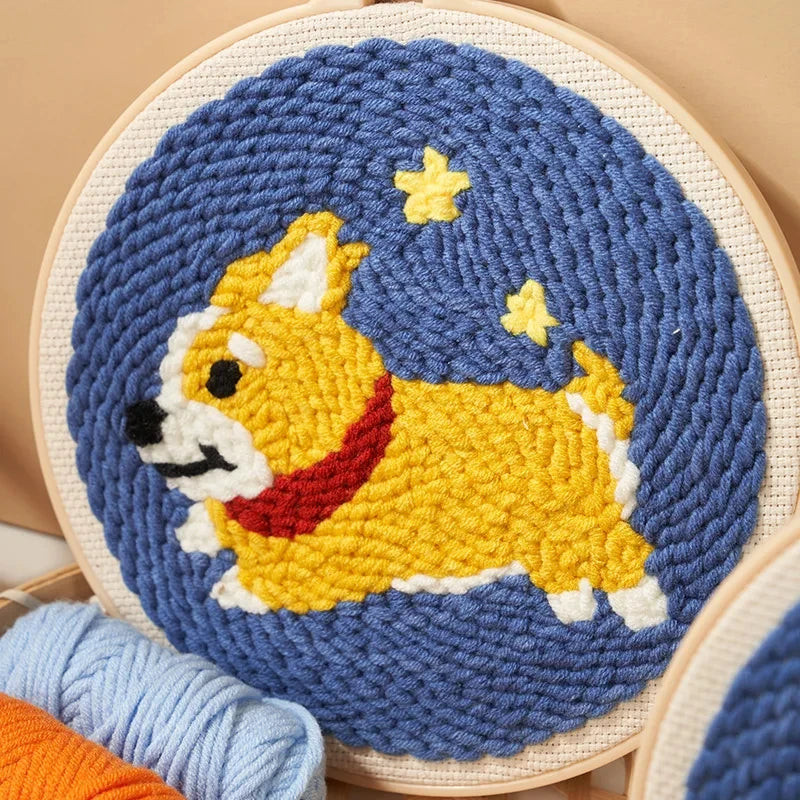 CraftHoop happy Corgi dog embroidery on blue fabric - Perfect DIY project for dog lovers