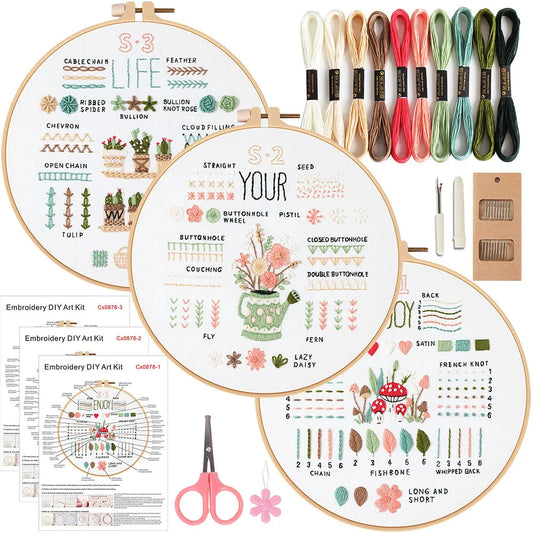 CraftHoop 3-Piece Embroidery Starter Kit - includes hoops, threads, needles, instructions, beginner-friendly floral patterns. Ideal for learning embroidery.