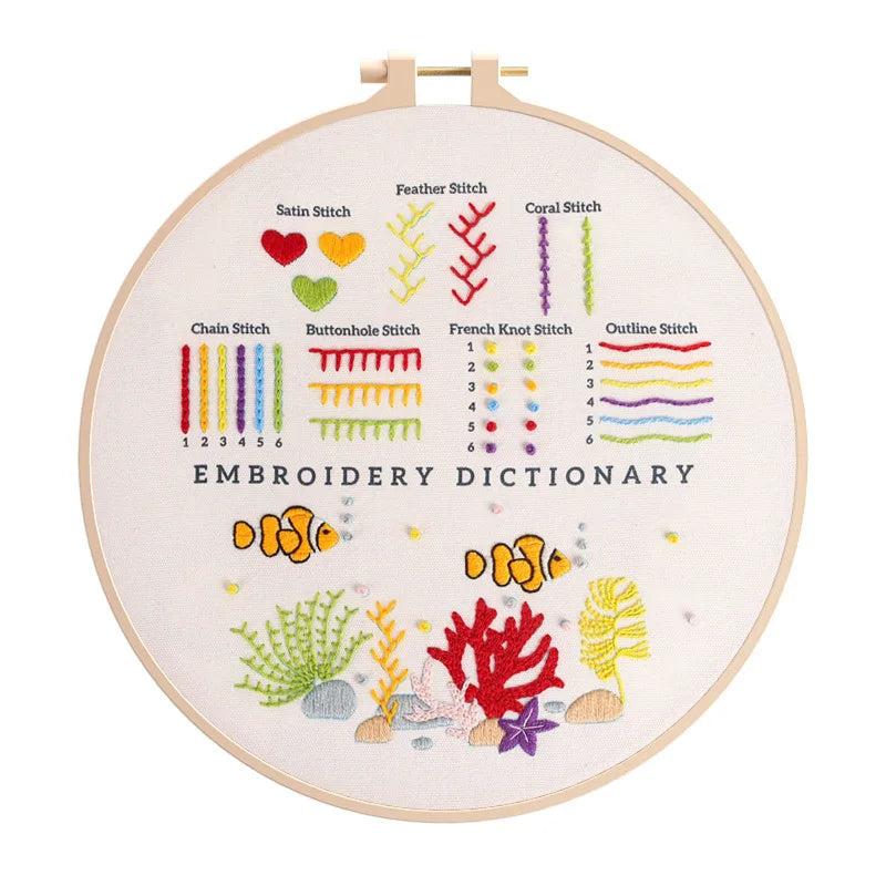 CraftHoop Embroidery Dictionary hoop showcasing a range of beginner-friendly stitches.