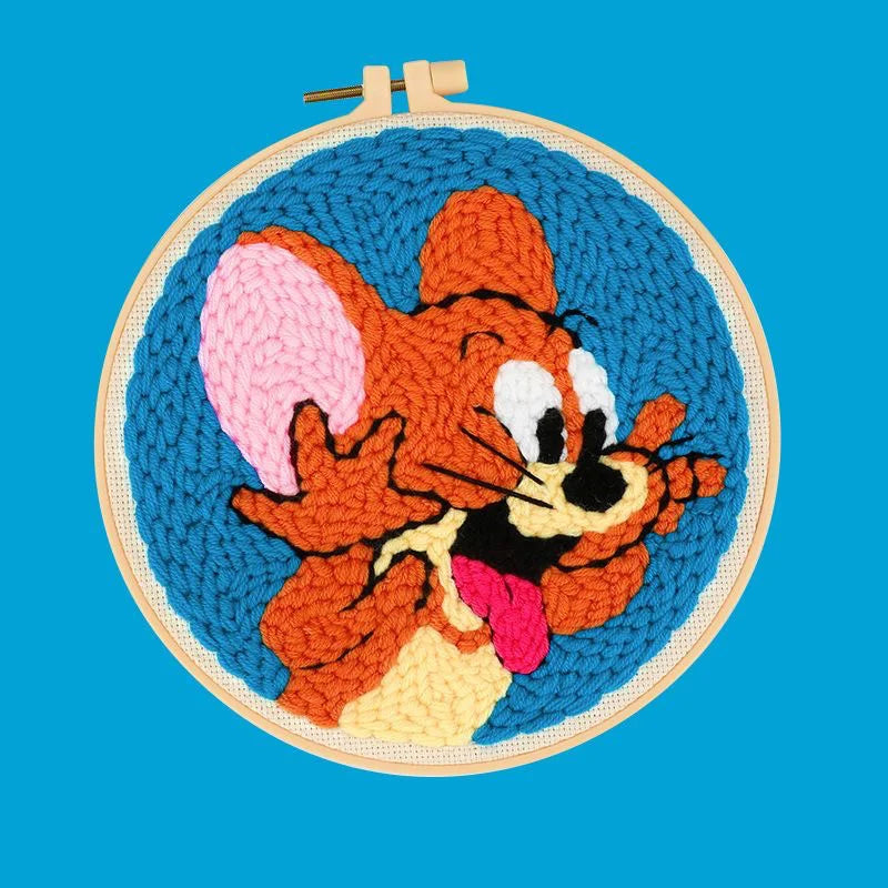 CraftHoop brown mouse character embroidery on blue fabric - Fun and engaging needlework kit