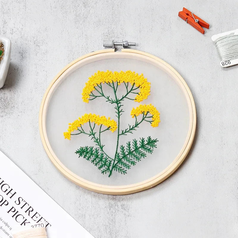 CraftHoop yellow flower embroidery on beige fabric - Vibrant and beginner-friendly needlework kit