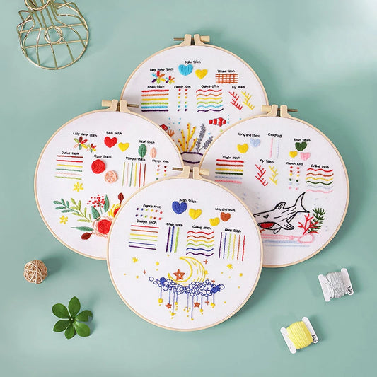 CraftHoop Embroidery Stitches Practice Kit featuring hoops with various stitch designs.