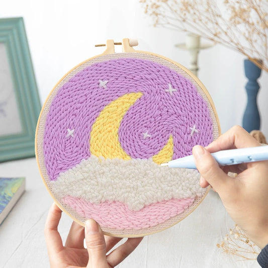 CraftHoop crescent moon and star embroidery project in progress - DIY embroidery kit with hoop