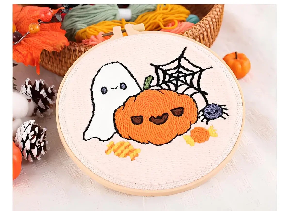 CraftHoop Pumpkin Halloween Punch Needle Kit featuring a ghost, pumpkin, spider, and candy design for Halloween decor.
